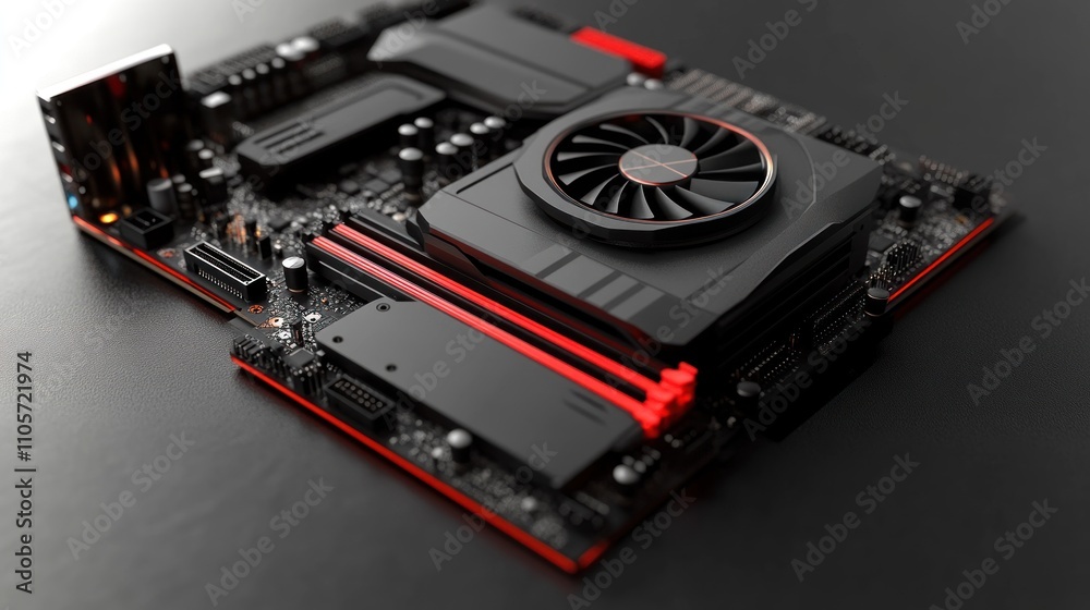 Poster high-tech computer motherboard with black and red design showcasing advanced cooling fan and compone