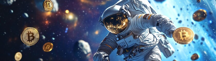 Worms-eye view of astronauts trading cryptocurrency amidst cosmic wonders, vibrant digital art style, mesmerizing details
