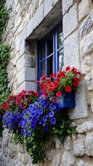 A window box filled with blue agapanthus and red geraniums adorns the stone wall of an old French country cottage