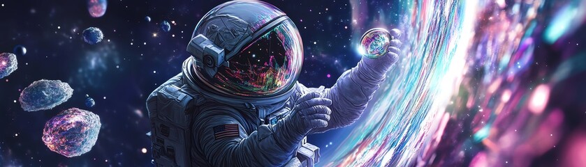 Worms-eye view of astronauts trading cryptocurrency amidst cosmic wonders, vibrant digital art style, mesmerizing details
