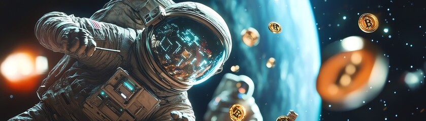 Worms-eye view of astronauts trading cryptocurrency amidst cosmic wonders, vibrant digital art style, mesmerizing details