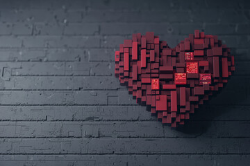 futuristic heart design made of red blocks against textured gray background, symbolizing love and technology. This unique artwork evokes emotions of connection and innovation