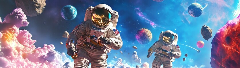 Worms-eye view of astronauts trading cryptocurrency amidst cosmic wonders, vibrant digital art style, mesmerizing details