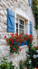 A window box filled with blue agapanthus and red geraniums adorns the stone wall of an old French country cottage
