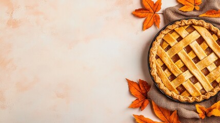 Homemade Autumn Pumpkin Pie with Lattice Crust and Fall Leaves