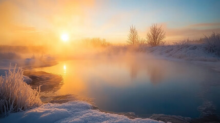 Geothermal Pool Surrounded by Frost and Soft Morning Glow