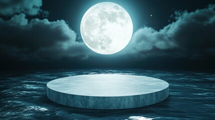 podium on the ocean surface at night, illuminated by moonlight on sky