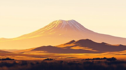 Majestic Sunrise Over Volcanic Mountain Range with Golden Light Illuminating the Serene Landscape and Rolling Hills in the Background