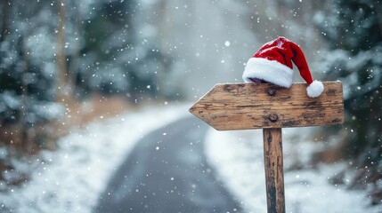 A snowy winter landscape with a wooden sign adorned by a Santa hat.