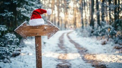 A winter scene blanketed in snow, featuring a Santa hat perched on a wooden sign.