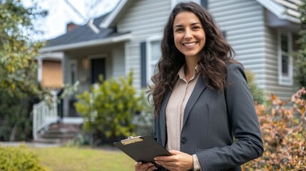 Fototapeta premium A female real estate agent standing in front of a house, holding a clipboard, and smiling warmly.