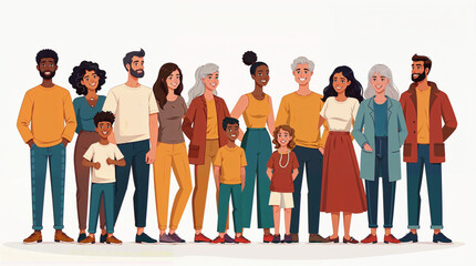 Obraz premium People of different cultures and races on a white background. Men and women young and old, along with children and people with disabilities, join together in joy. Illustration
