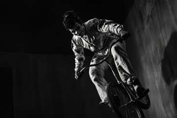 A captivating black and white photograph captures a dynamic cyclist skillfully performing a trick, showcasing movement and exhilaration in its purest form.