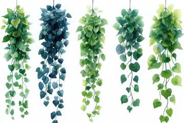 A collection of hanging green leaves in various shades, showcasing plant decor.
