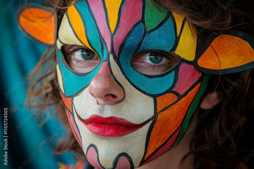 Poster this image features a close-up of a vibrant face decorated with colorful geometric face paint, combi