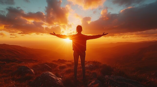 Silhouetted Figure Embracing the Radiant Sunrise at the Horizon