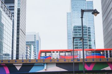 Cityscape with Modern Train and Skyscrapers