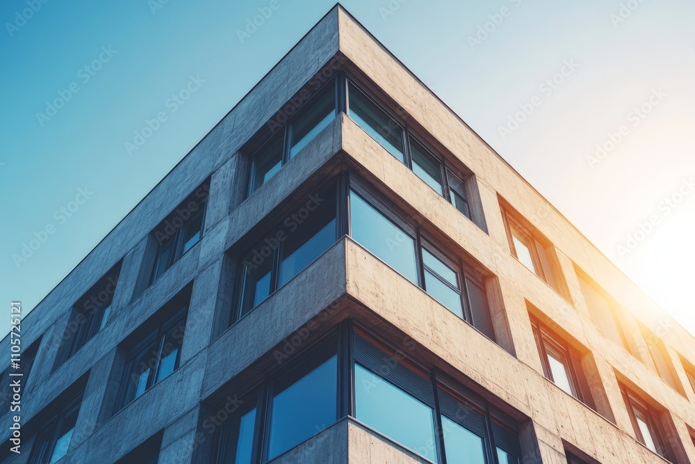 Leinwandbilder a modernist building with a clean, angular facade is starkly set against a clear blue sky, showcasin