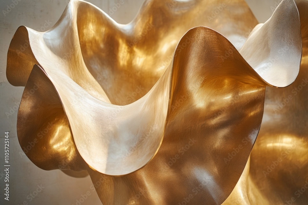 Aufkleber An abstract golden sculpture with flowing curves is beautifully illuminated by light, creating a dynamic interplay of shapes and a sense of fluidity and grace.