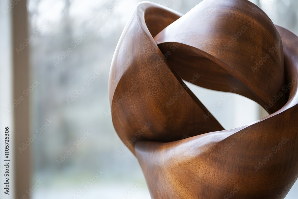 Poster a finely crafted wooden abstract sculpture, featuring smoothly interwoven curves, creating a unique 