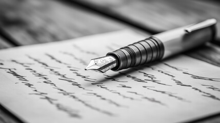 Elegant fountain pen resting on a handwritten letter displayed on a weathered wooden table during a quiet afternoon