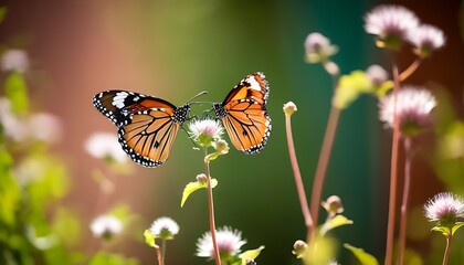 Obraz premium A butterfly gracefully lands on a flower in the garden, showcasing natural beauty.