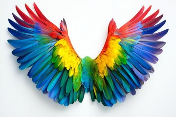 Obraz premium On a plain white surface, colorful parrot wings in abstract form a rainbow.
