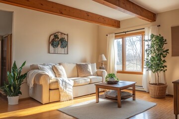 A sunlit living room featuring exposed beams, simple greenery, and a soft beige sofa, blending natural and modern elements for a cozy atmosphere.