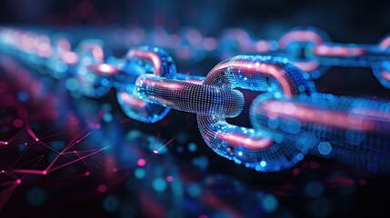 Digital Blockchain Chain Links with Abstract Glowing Network Connections