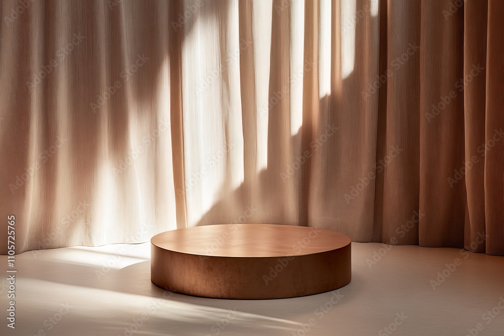 Aufkleber the minimalist design of a brown podium contrasts against softly lit curtains, creating an atmospher