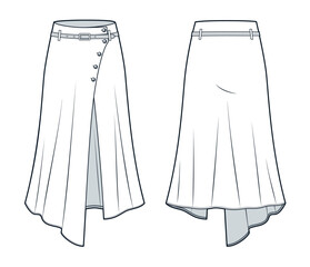 Midi Skirt technical fashion illustration. Asymmetric Wrap Skirt fashion flat technical drawing template, midi length, bias, A line, belt, buttons, front and back view, white, women CAD mockup.