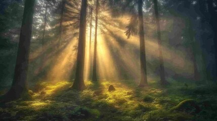 Obraz premium Mystical forest at dawn with sunlight filtering through trees, creating magical aura of energy and tranquility.