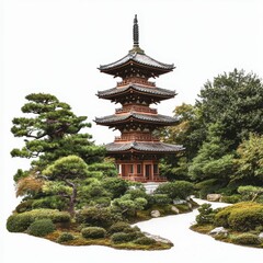 Obraz premium Wooden pagoda, serene garden, landscaped path.