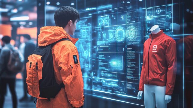 Experimenting with virtual clothing through an AR interface: User engaging with interactive augmented reality technology in digital fashion experience. - Powered by Adobe