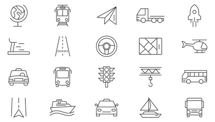 Transport line icon set. Containing cars, bikes, plane, train, bicycle, motorbike, bus, railway, subway, rail, track, tram, tunnel, travel, car dealer, vehicle line icon set. Ui thin line icon pack.