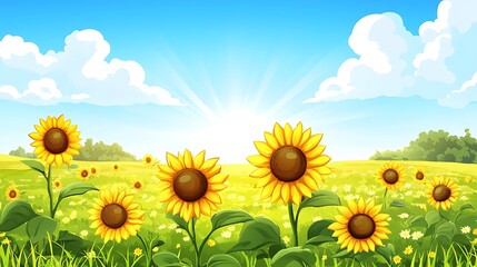 Fototapeta premium Sunflowers in full bloom in a wide open field under a bright summer sky