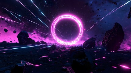 Obraz premium Glowing Ring Portal in a Dark Asteroid Field