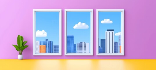 An illustration of an empty interior featuring large windows, representing a contemporary office, apartment, or store, with a cityscape, green lawn, and bright sky visible through the windows.