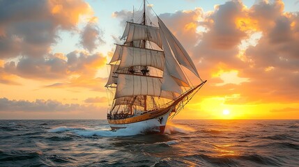 Obraz premium Ship Sailing Toward Horizon at Glowing Sunrise Symbolizing New Ventures and Beginnings