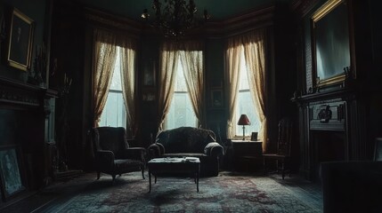 Dimly Lit Victorian Living Room with Antique Furniture, Elegant Drapes, and Vintage Decorations Set in a Moody Atmosphere for Atmospheric Style and Design