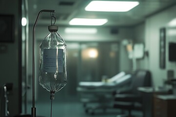 Hospital IV bag dispensing clear fluids, attached to tubing, blurred hospital room in the background