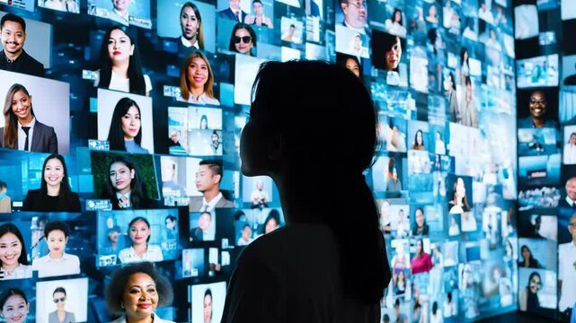 Woman Exploring Social Media: Silhouette Against a Wall of Profile Pictures in a Digital World