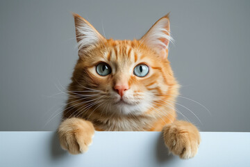 A charming ginger tabby cat with vibrant blue-green eyes curiously peeking over a white surface in a minimalist studio background