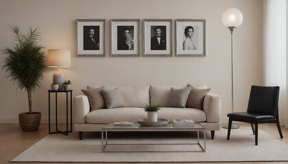 A modern living room with an off-white sofa against an off-white colour wall featuring poster frames in wooden frame borders 3d illustration template. Empty frame mock-up template.