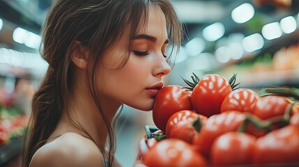 Woman smelling ripe red tomatoes at the market