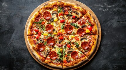 A freshly baked pizza viewed from above, with toppings like pepperoni, cheese, and vegetables clearly visible