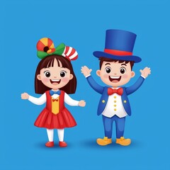 A cartoon icon set of circus performers, magicians, and artists in costume, portraying happy male and female characters, isolated on a white background for carnival entertainment.