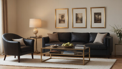 A modern living room with a black sofa against a light colour wall featuring poster frames in wooden frame borders 3d illustration template. Empty frame mock-up template.