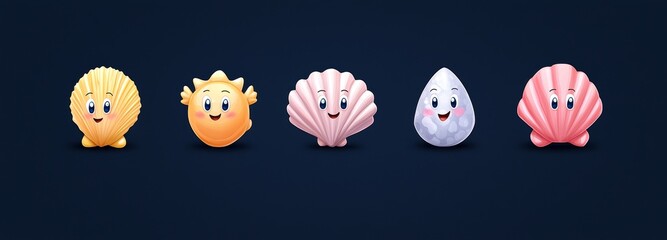 An assortment of seashells embellished with gold and pearl, isolated on a black background. This contemporary cartoon depiction includes a scallop shell with treasure inside, ideal for game rank