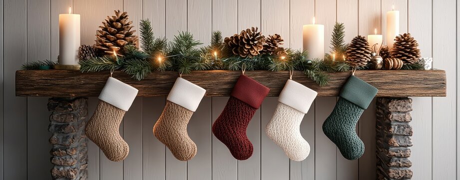 Festive mantel adorned with knit stockings, pinecones, evergreen garland, glowing candles, and string lights for a cozy holiday ambiance. - Powered by Adobe